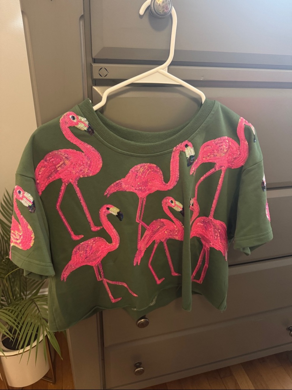 QUEEN OF SPARKLES Olive Green Top with Hot Pink Sequin Details